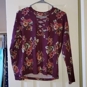 Burgundy floral print top with criss cross